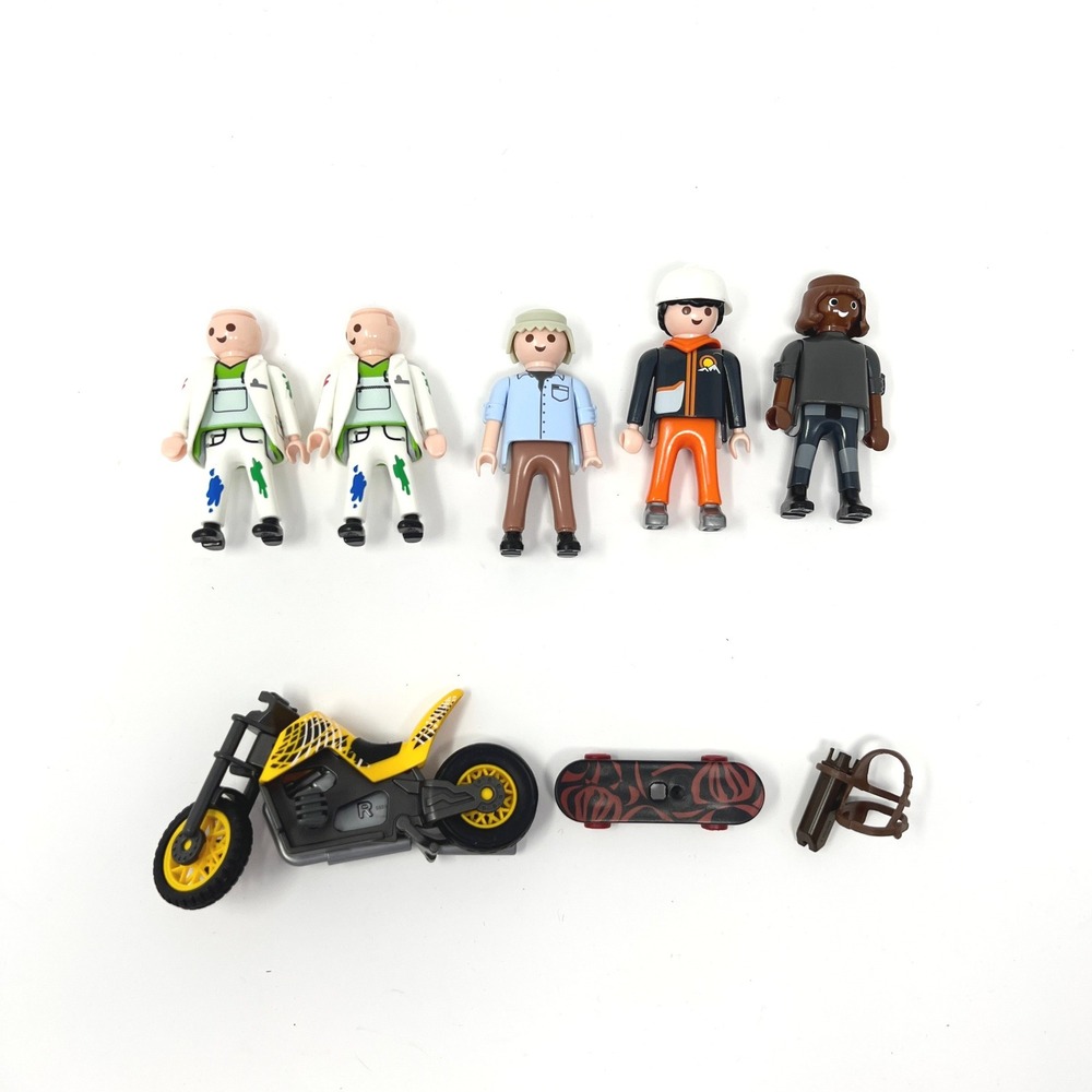Playmobil Figure Lot 5 People Motorcycle Skateboard Painters Construction Urban